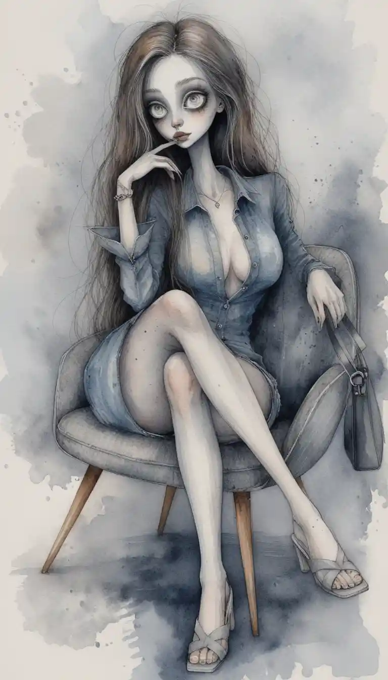 Moody ink illustration of a woman in a modern armchair