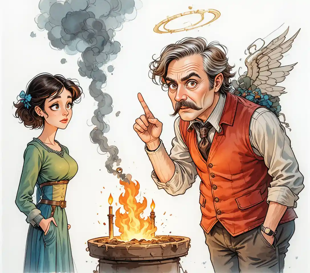 Vignetta umoristica di uomo che accende candele accanto a donna scettica
