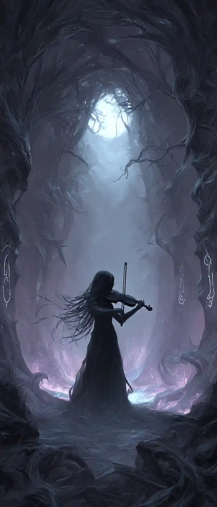Figura nella foresta incantata che suona un violino spettrale nella notte