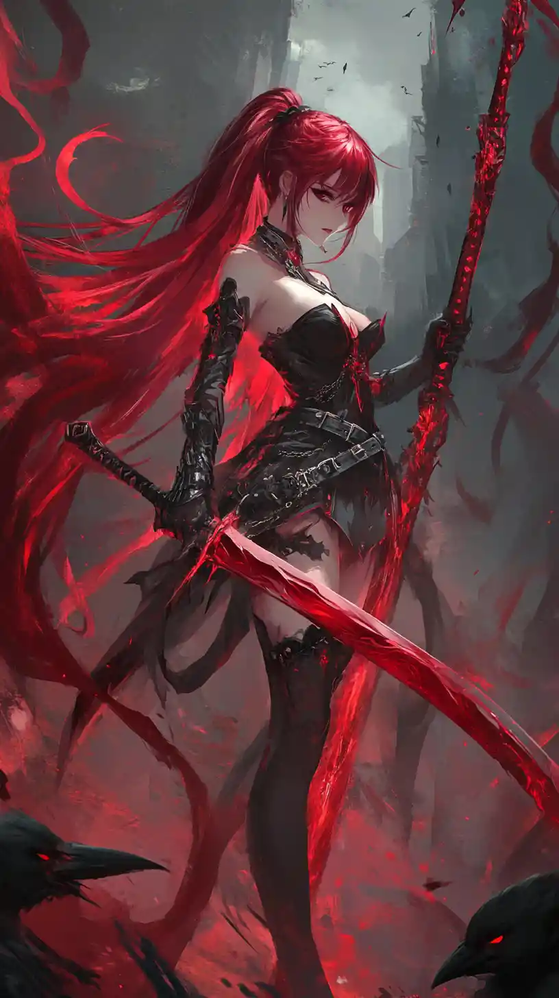 Anime warrior girl with glowing rune sword in darkness