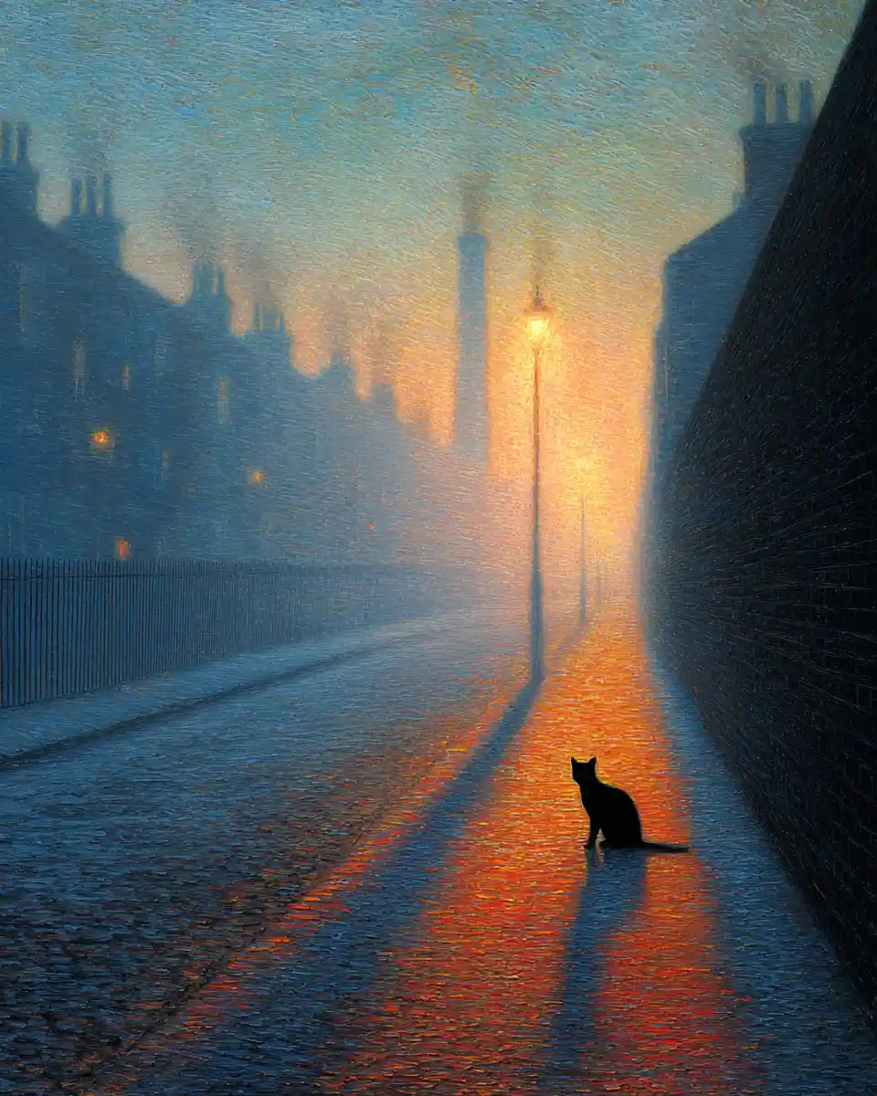 Giant cat portrait along a quiet urban morning path