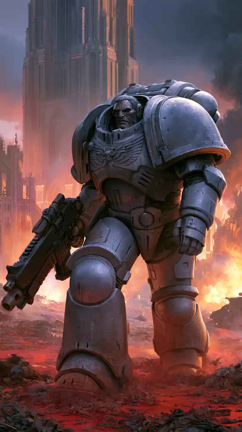 Armored Space Warrior On Ruined Gothic Battlefield