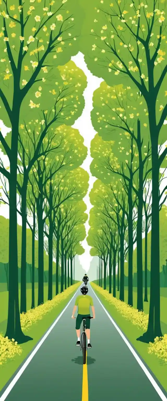Cyclist On Green Forest Road In Vector Illustration