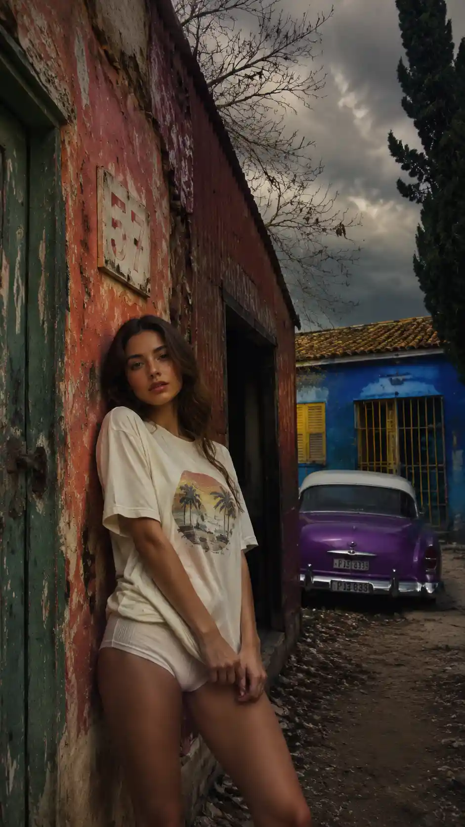 Young woman in alleyway against weathered urban wall