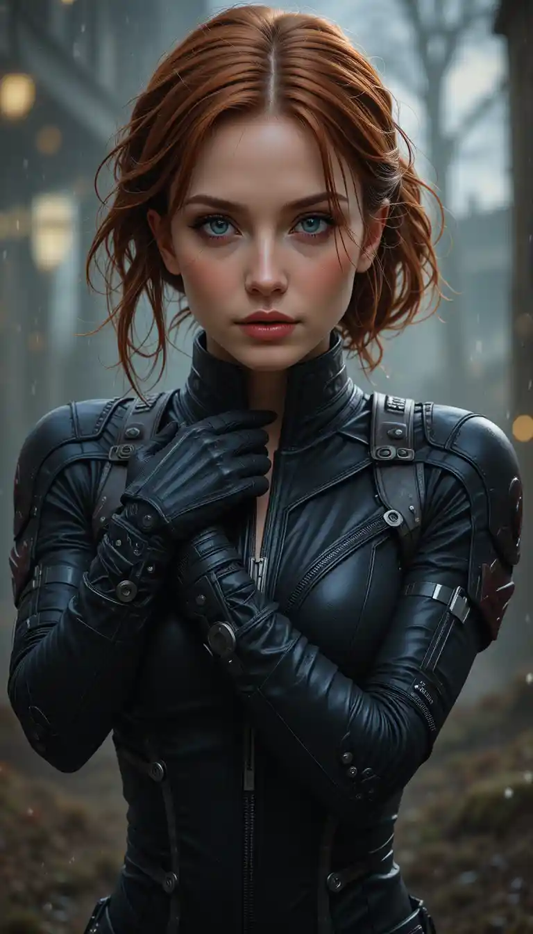 Corrupted woman in a tight black widow inspired outfit