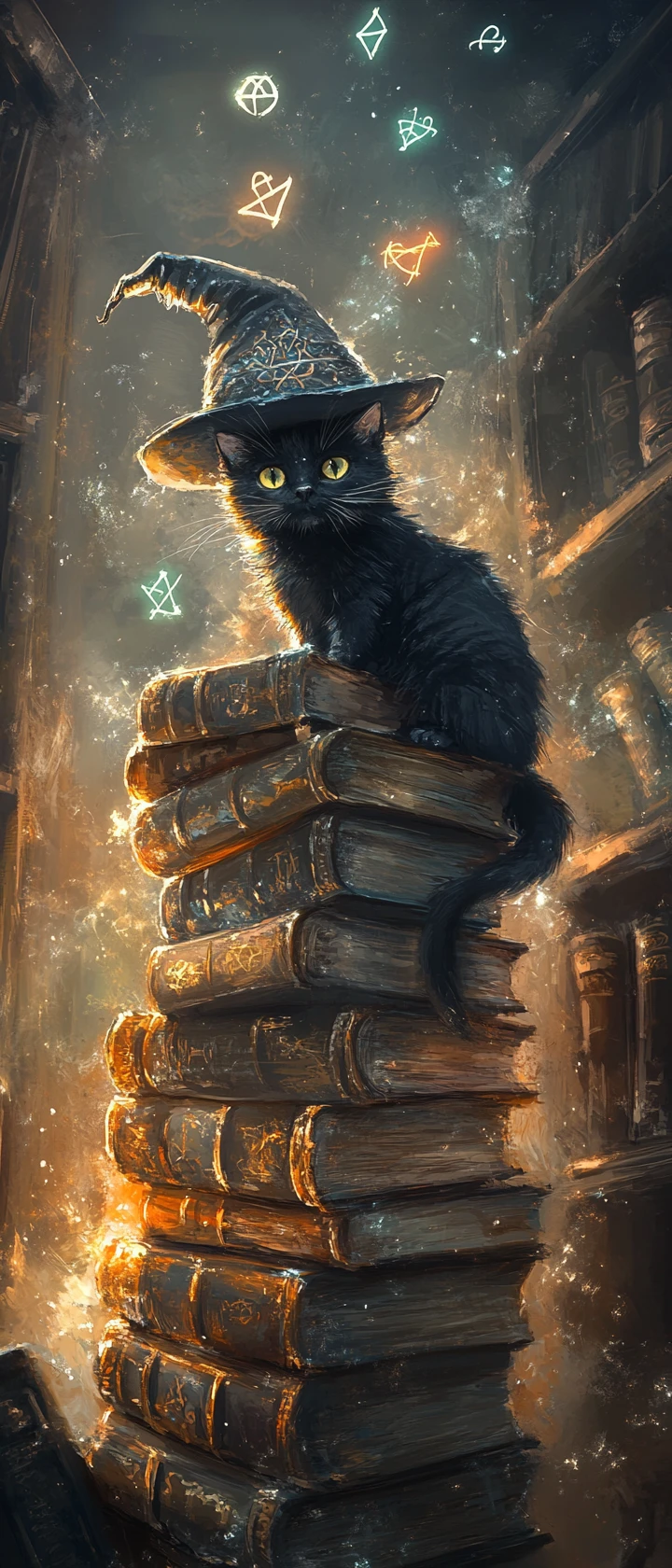 Chat sorcier noir sur d’anciens grimoires dans une bibliothèque arcane