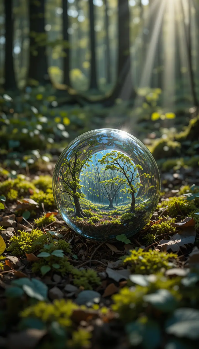 Forgotten glass marble on mossy forest floor in sunlight