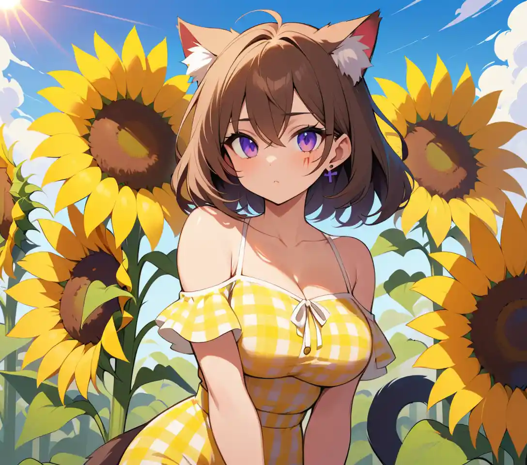 Cat eared warrior woman in a bright sunflower field