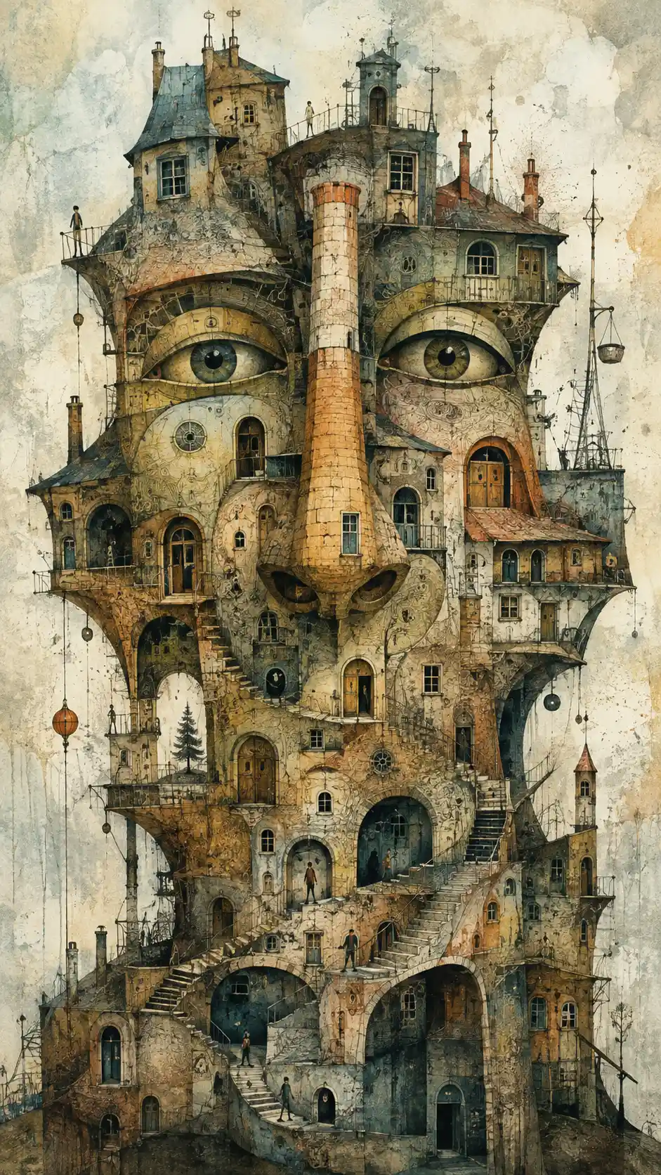 Surreal crooked house with a subtle human like face