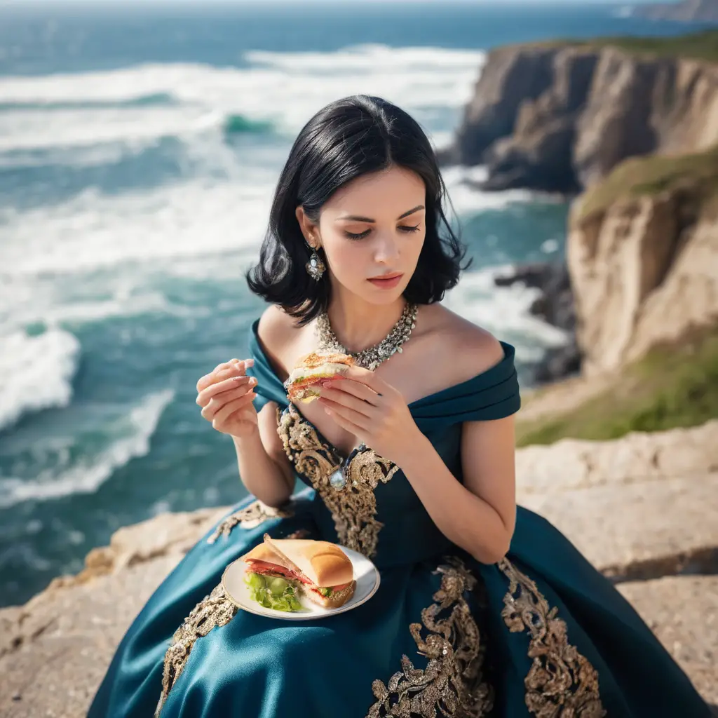Woman in ball gown eating sandwich on ocean cliff