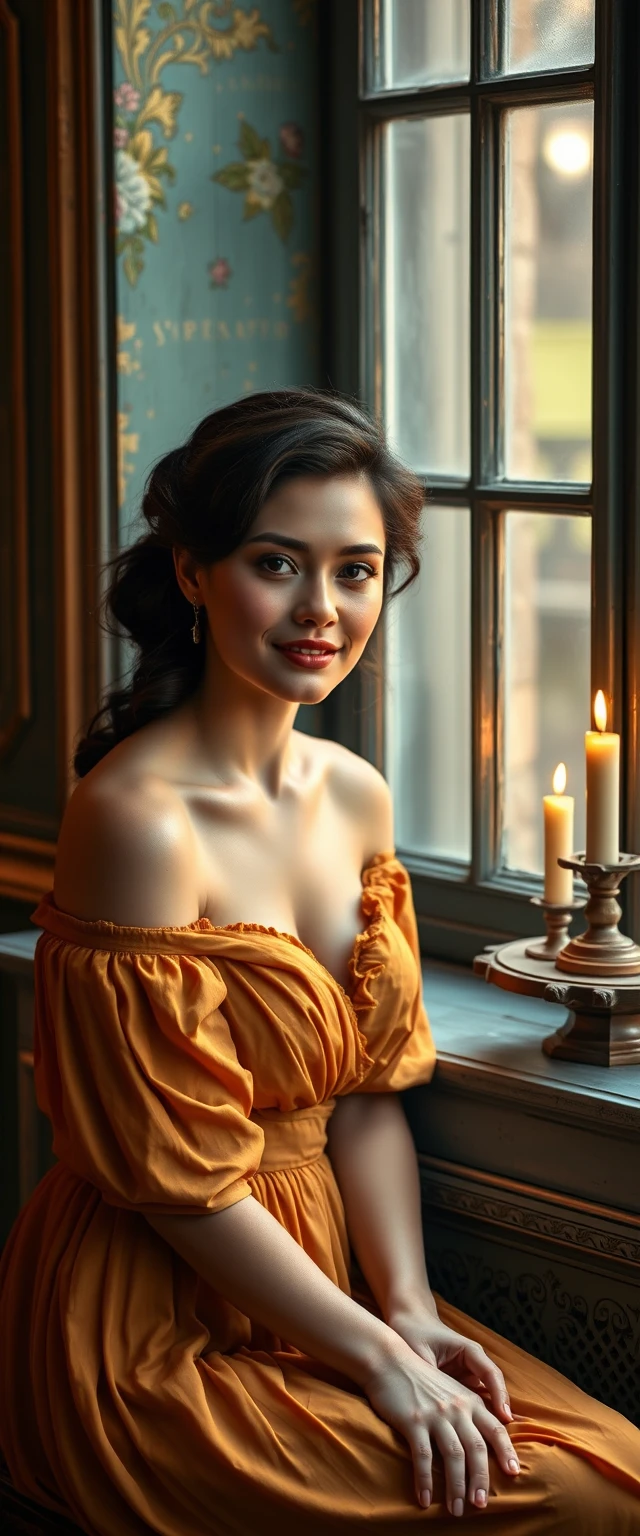 Mulher elegante de vestido amarelo junto à janela vintage