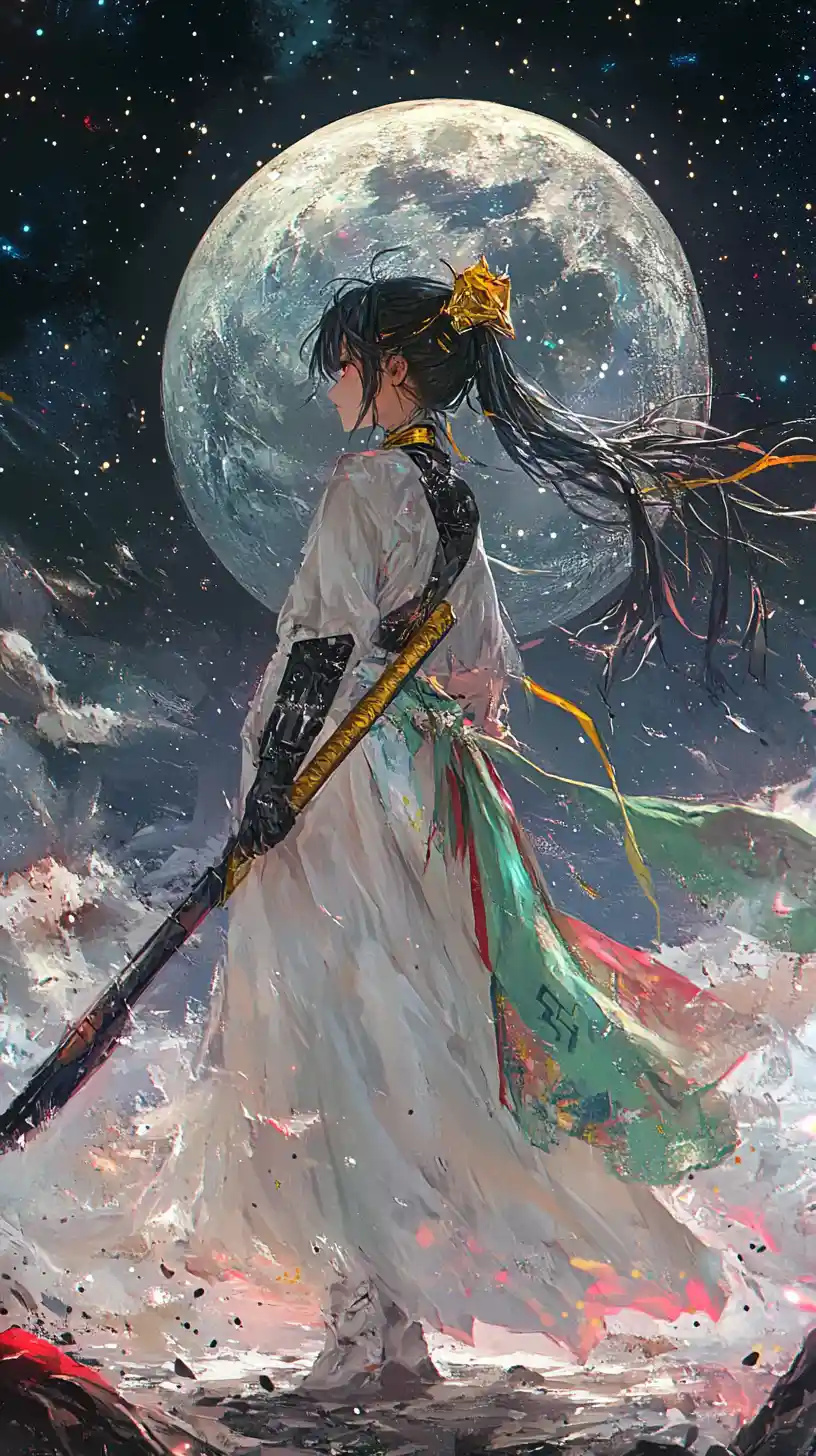 Anime girl floating in space beside a colorful ringed planet