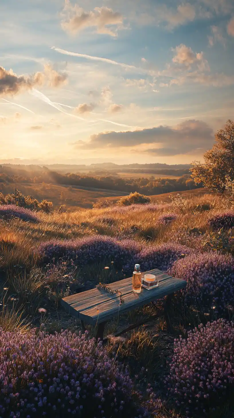 Sunlit heather hills with perfume and bench in foreground