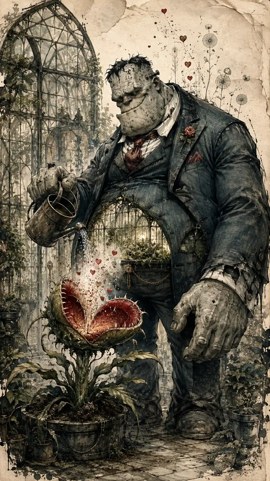 Giant suited monster gently watering a carnivorous flower