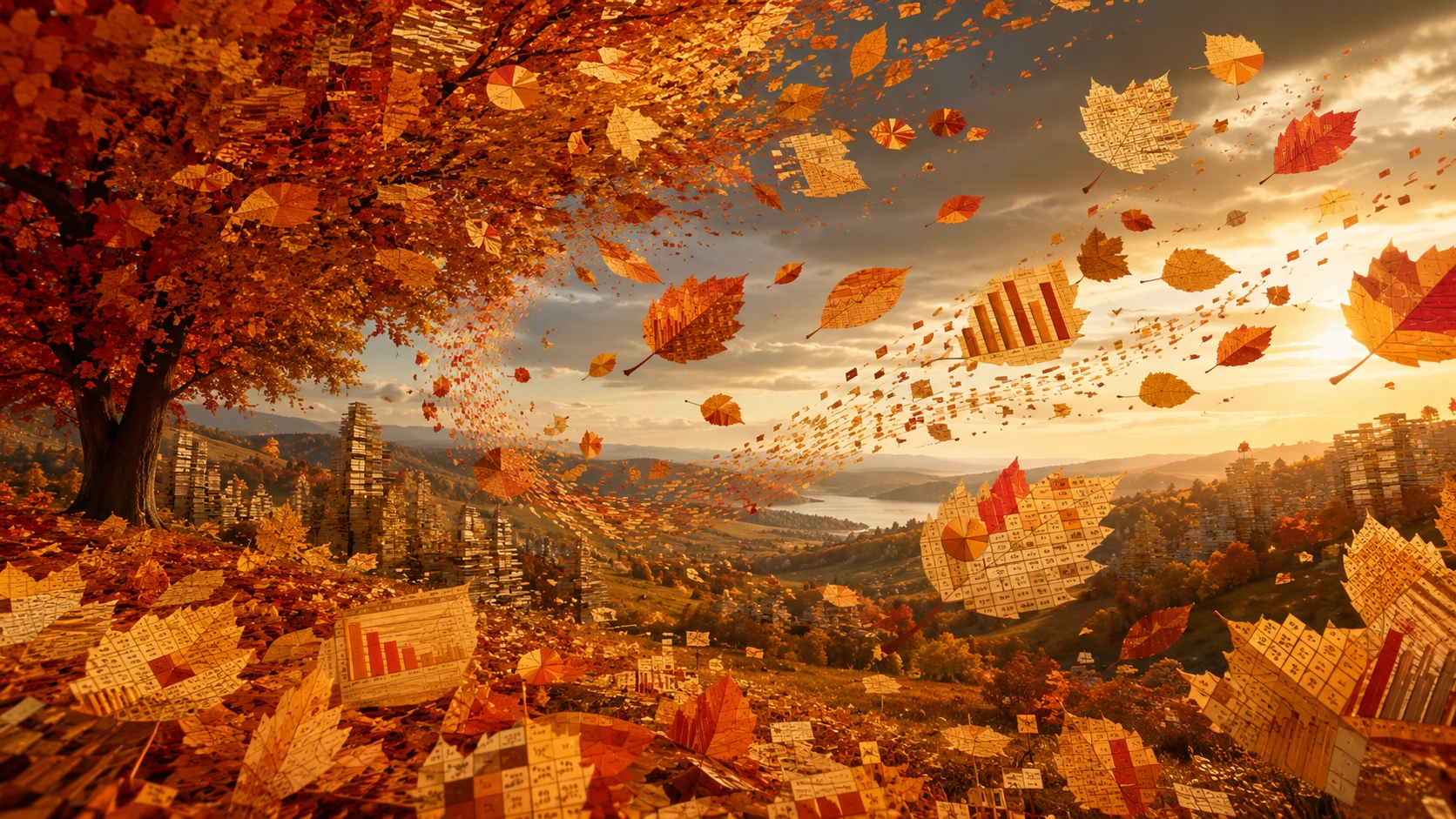 Herbstliche Landschaft mit wirbelnden Blättern aus Daten und Diagrammen