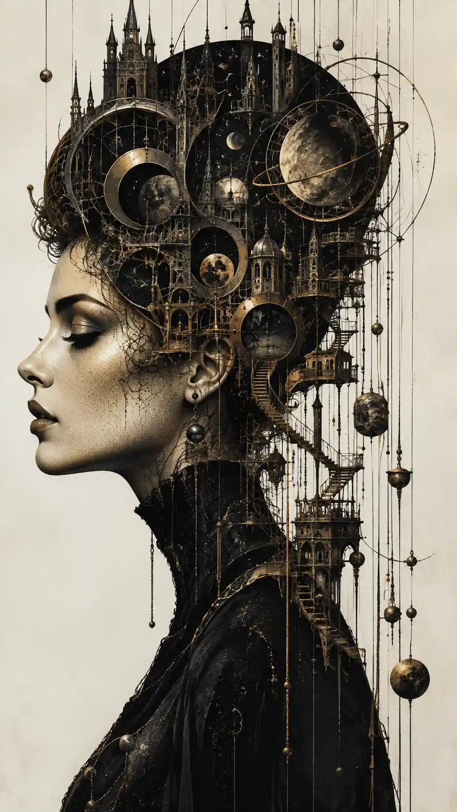 Surreal woman profile merging into intricate gothic architecture