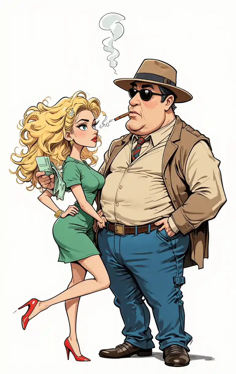 Satirical cartoon of rich man and young woman interaction