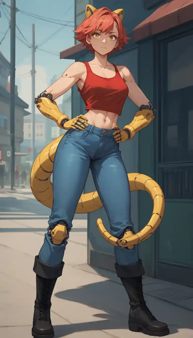 Fille cyborg d’anime avec bras mécaniques et tenue décontractée