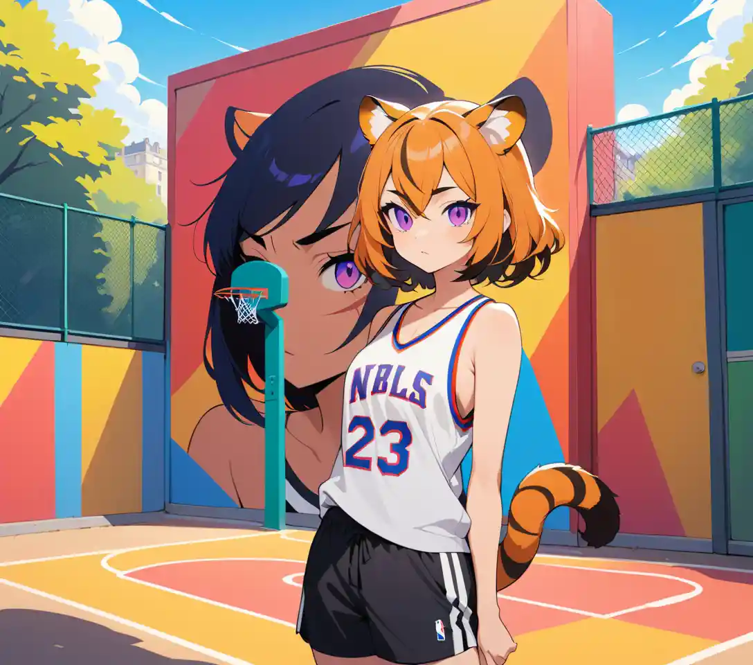 Tiger eared woman in nba jersey on paris playground