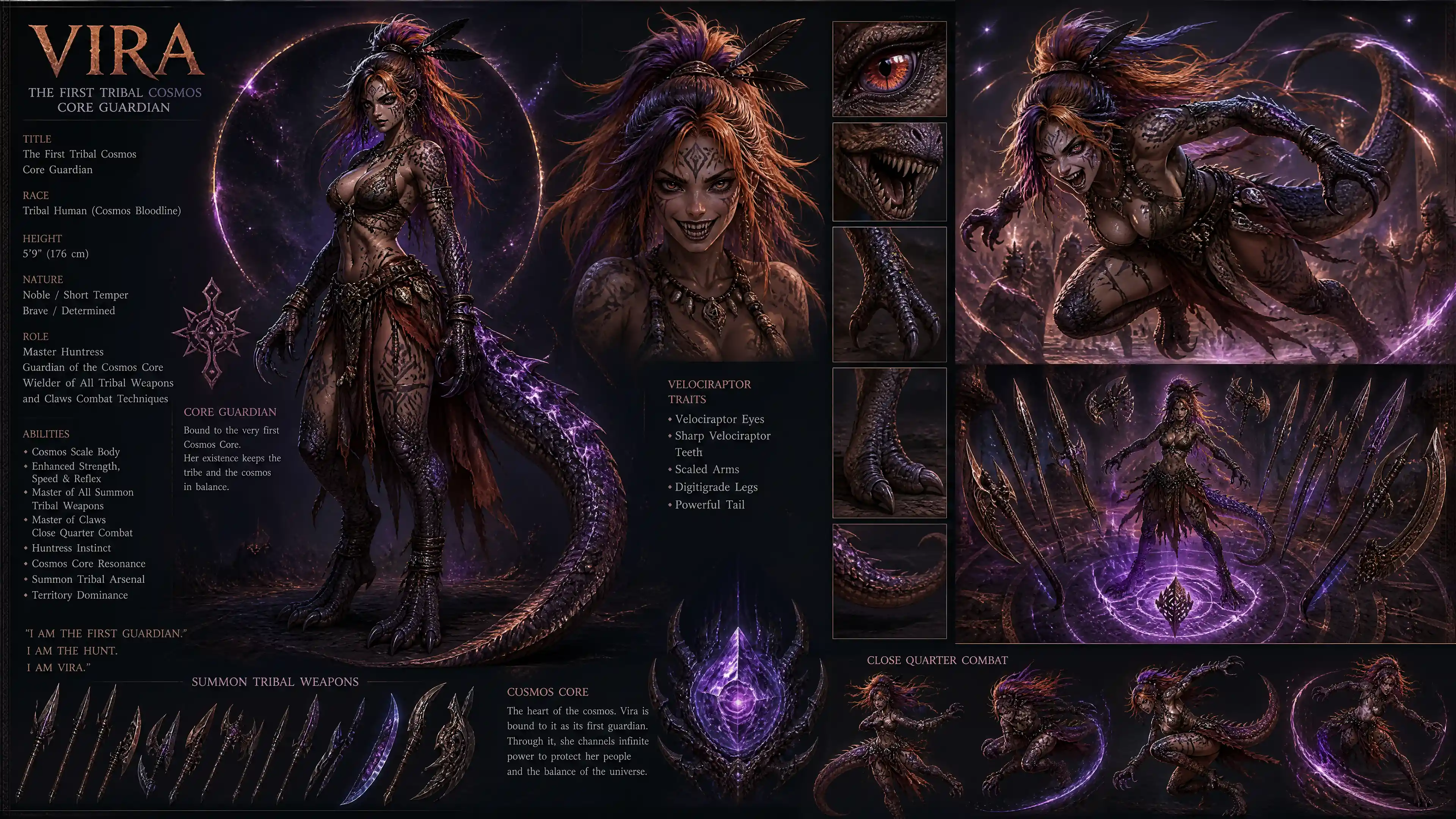 Tribal huntress with cosmic raptor limbs and markings