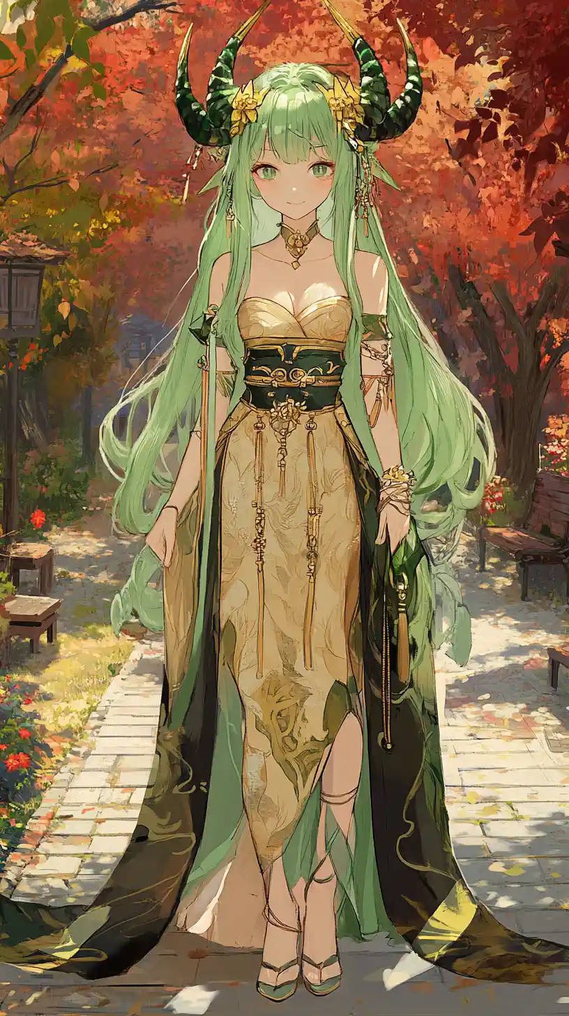 Green haired anime dragon girl in elegant gold dress