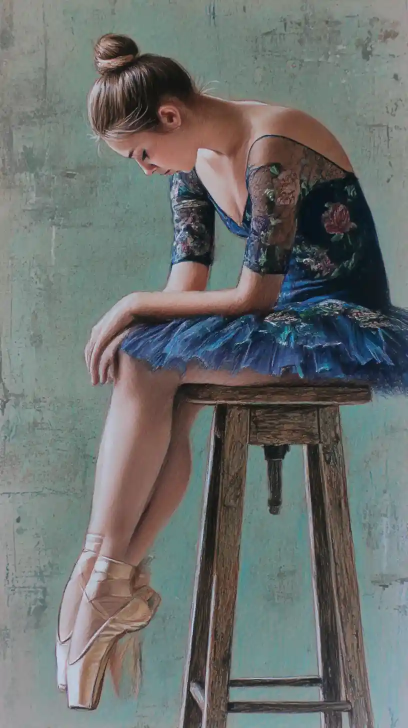 Pensive young ballerina resting on a worn wooden stool