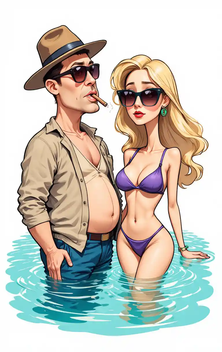 Satirical cartoon of rich man and flirting young woman