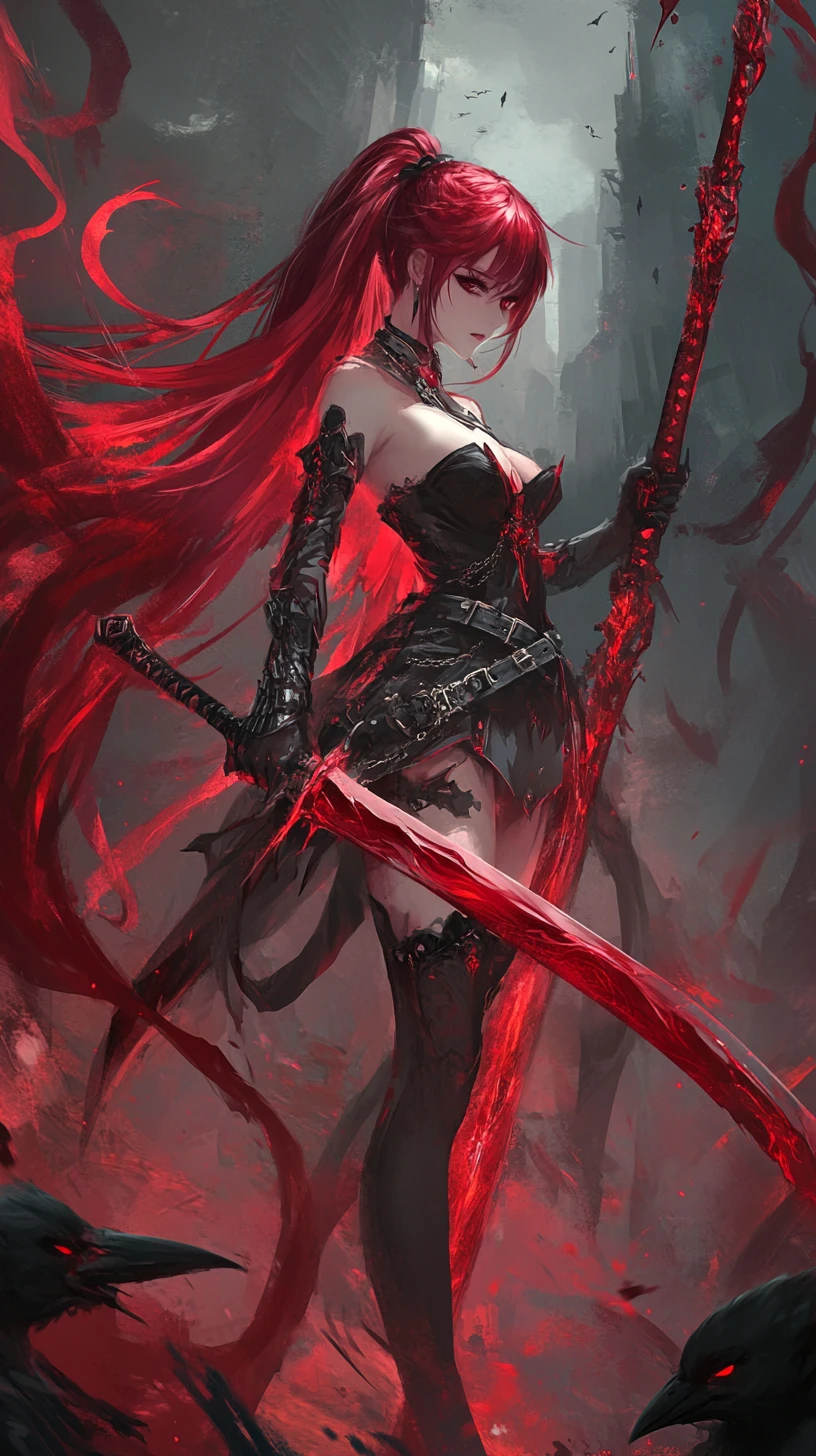 Garota guerreira de anime com espada rúnica brilhante na escuridão