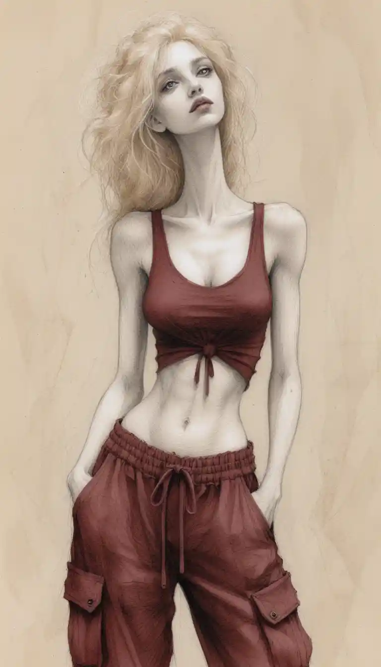 Melancholic woman with elongated body in gothic charcoal illustration