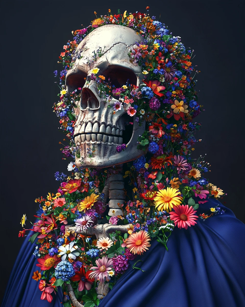 Esqueleto 3D cômico com flores e manto azul