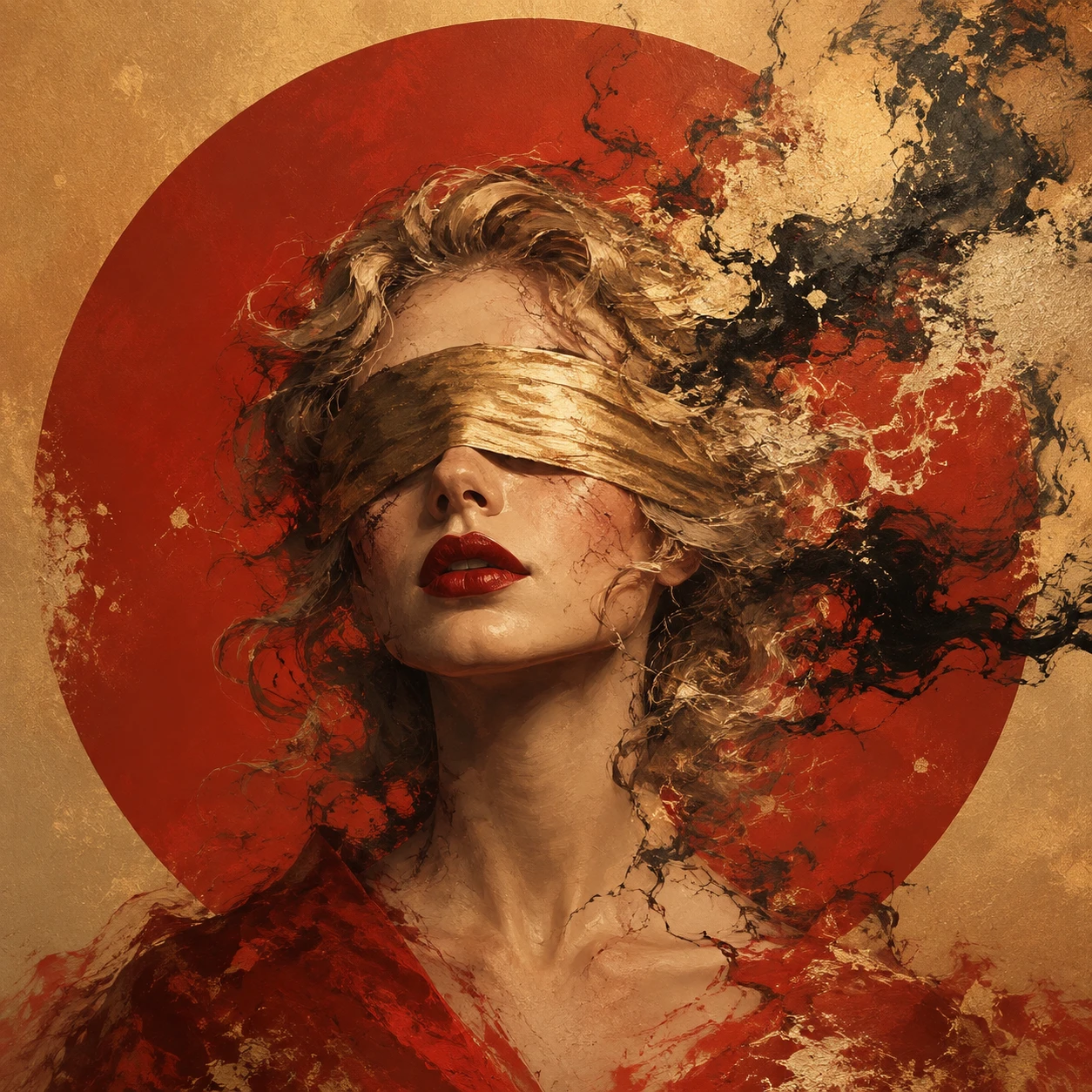 Retrato de mulher loira com venda dourada e sol vermelho