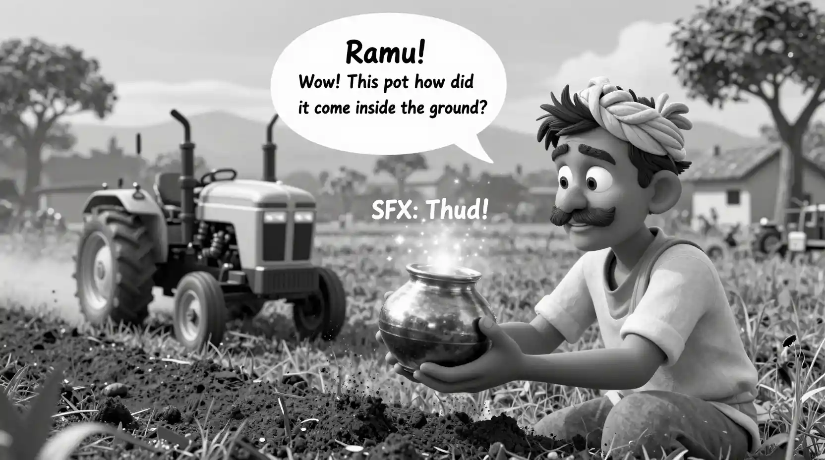 Cartoon farmer Ramu finds a glowing pot in field
