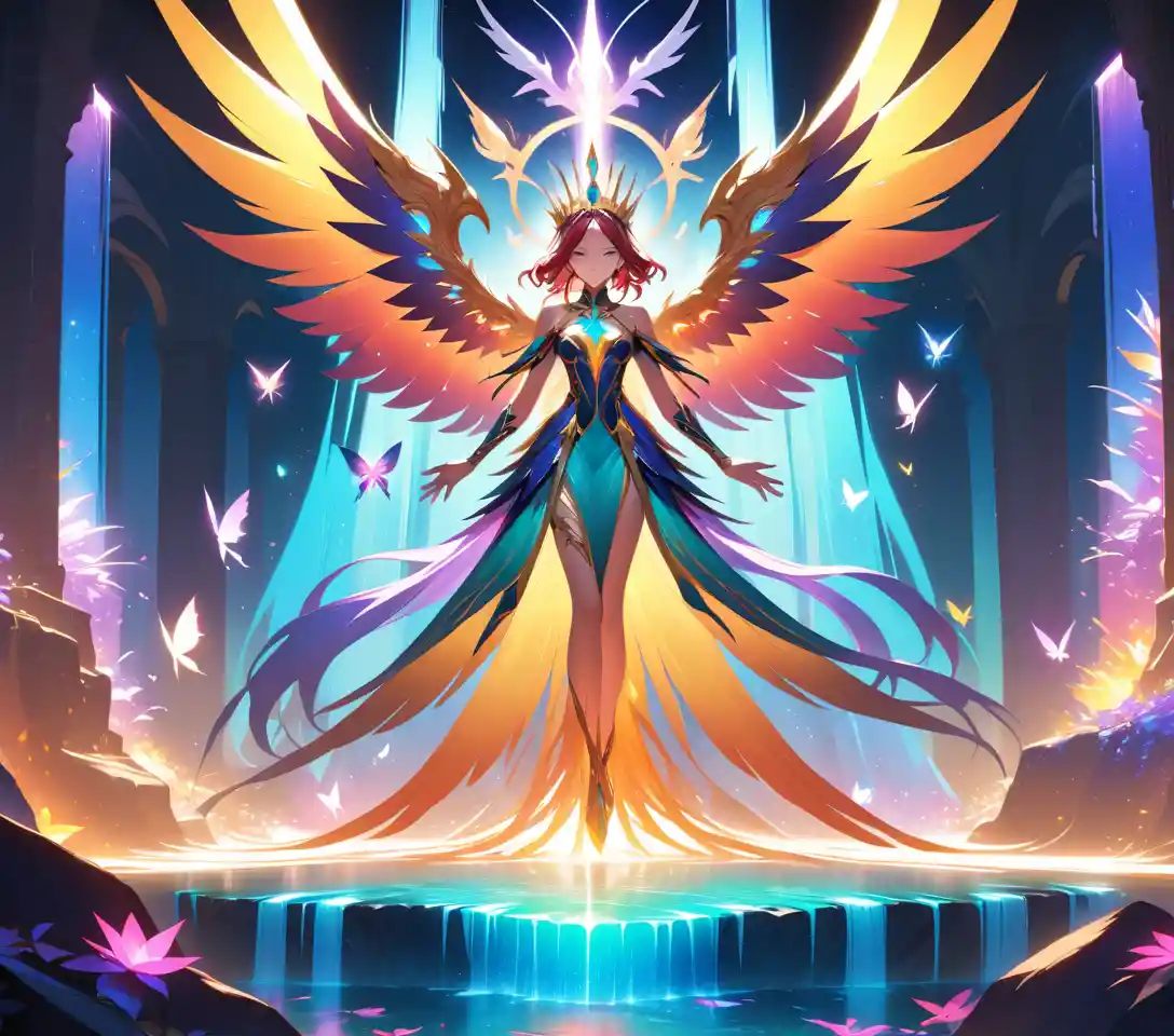 Celestial Phoenix Monarch On Obsidian Throne Above Waterfalls