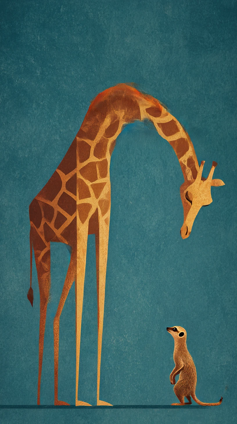 Giraffa digitale fiabesca incontra un suricato curioso