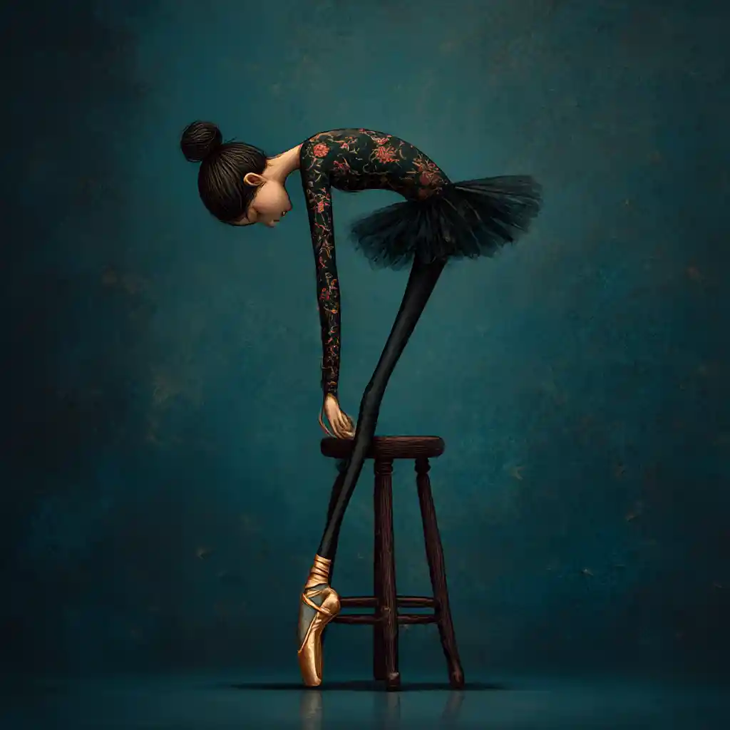 Surreal ballerina resting on stool in dark teal studio