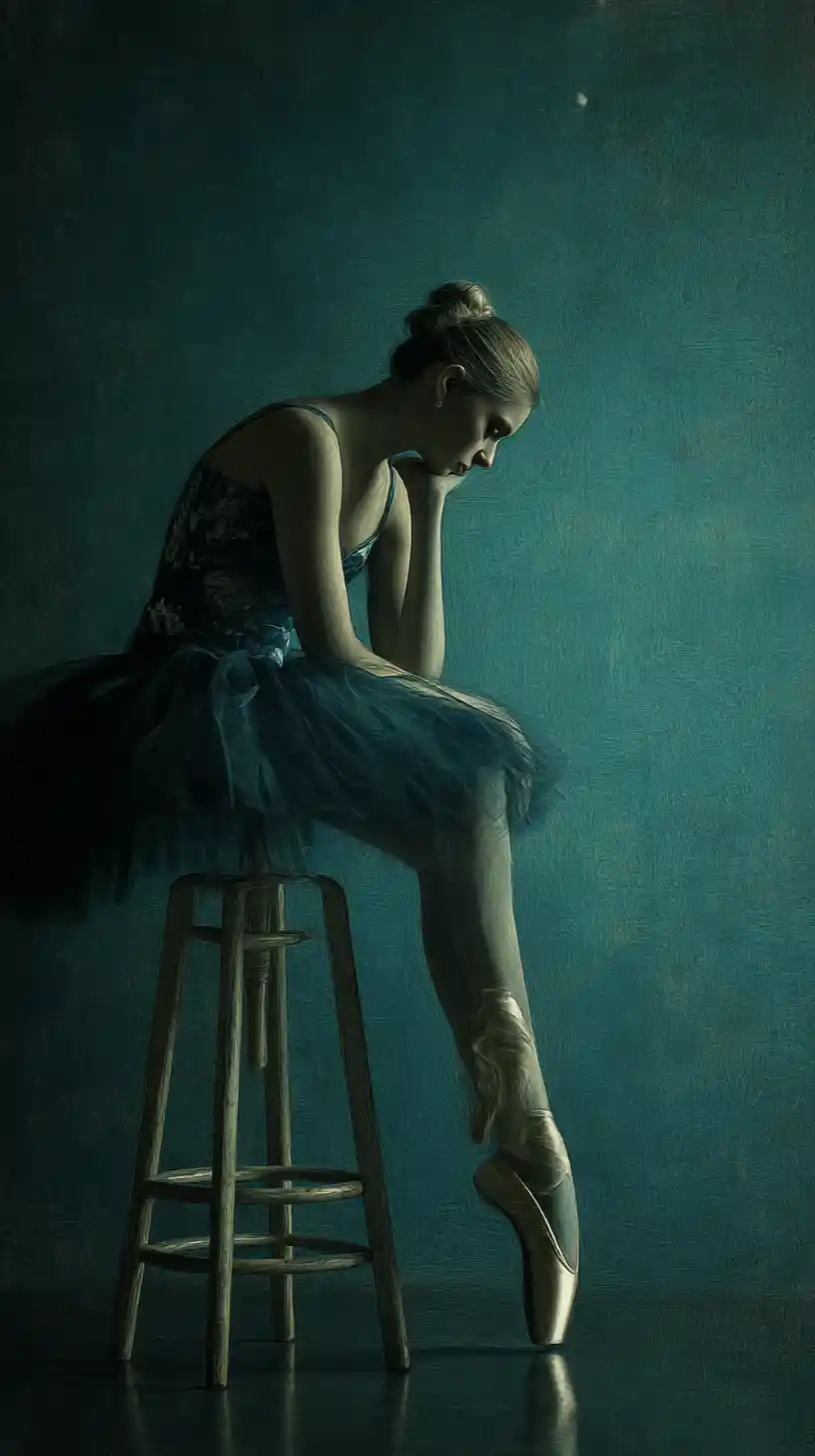 Melancholic ballerina with surreal proportions on a dark stool