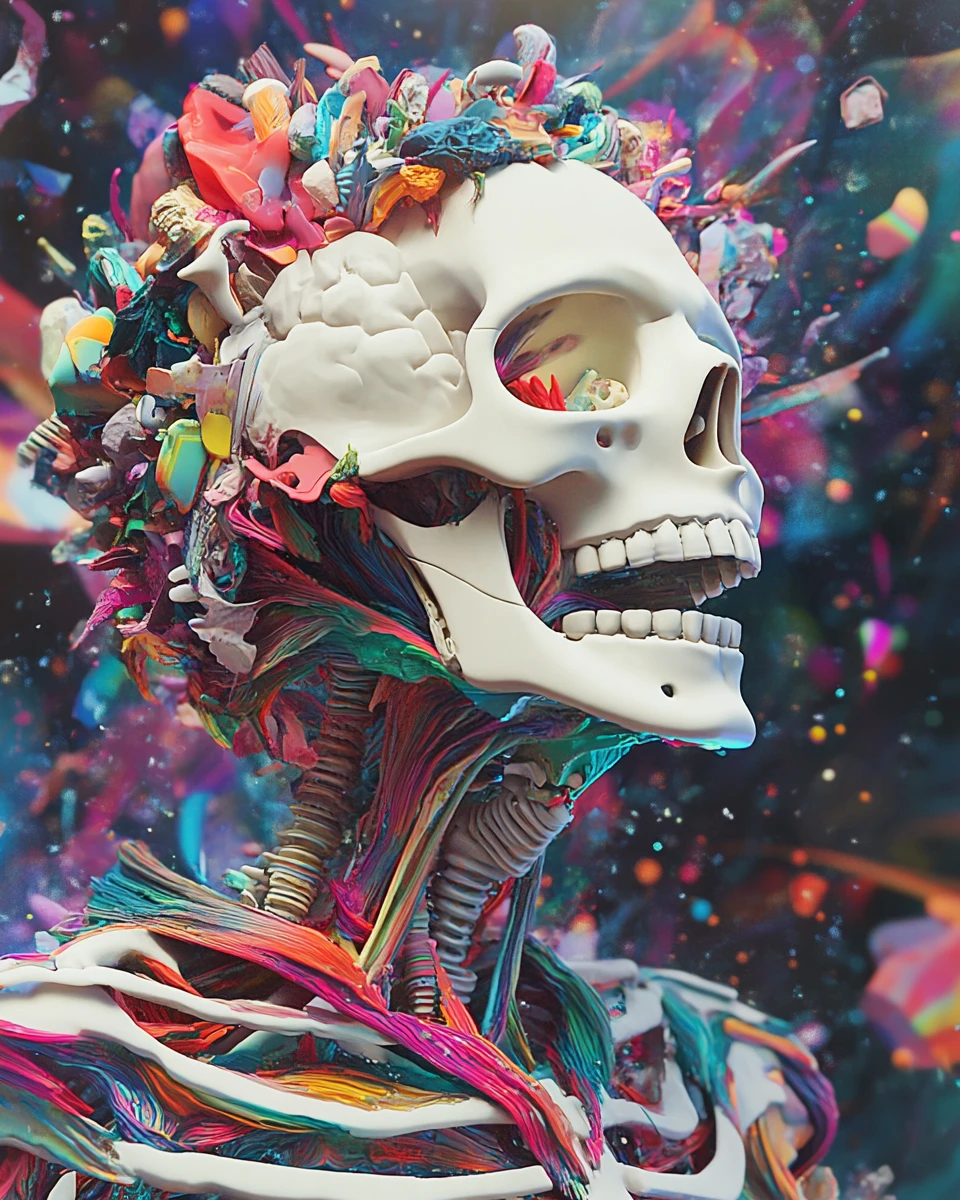 Esqueleto humanóide colorido feito de formas abstratas e luz