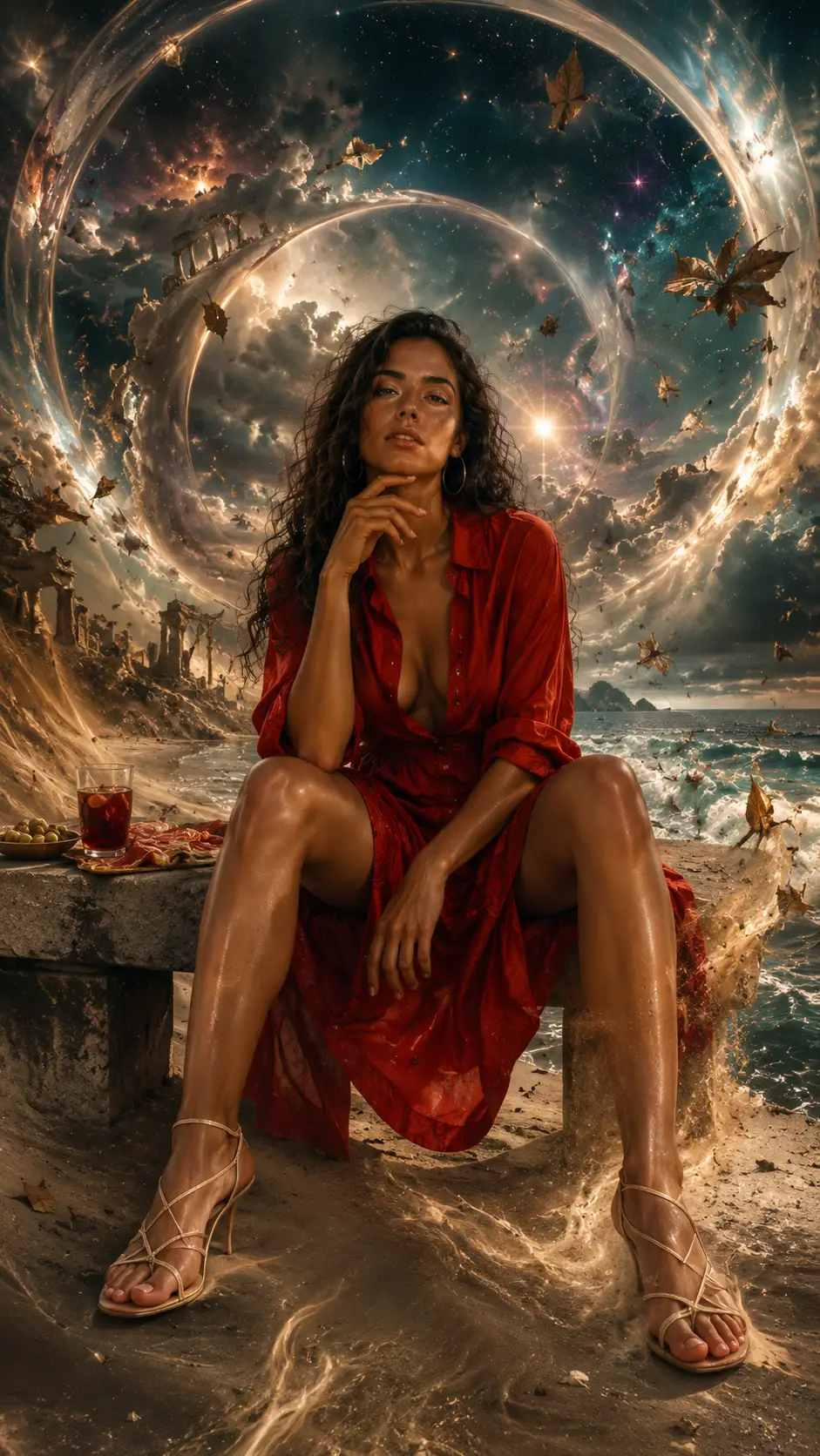 Mulher latina em um banco de pedra em um cenário onírico surreal