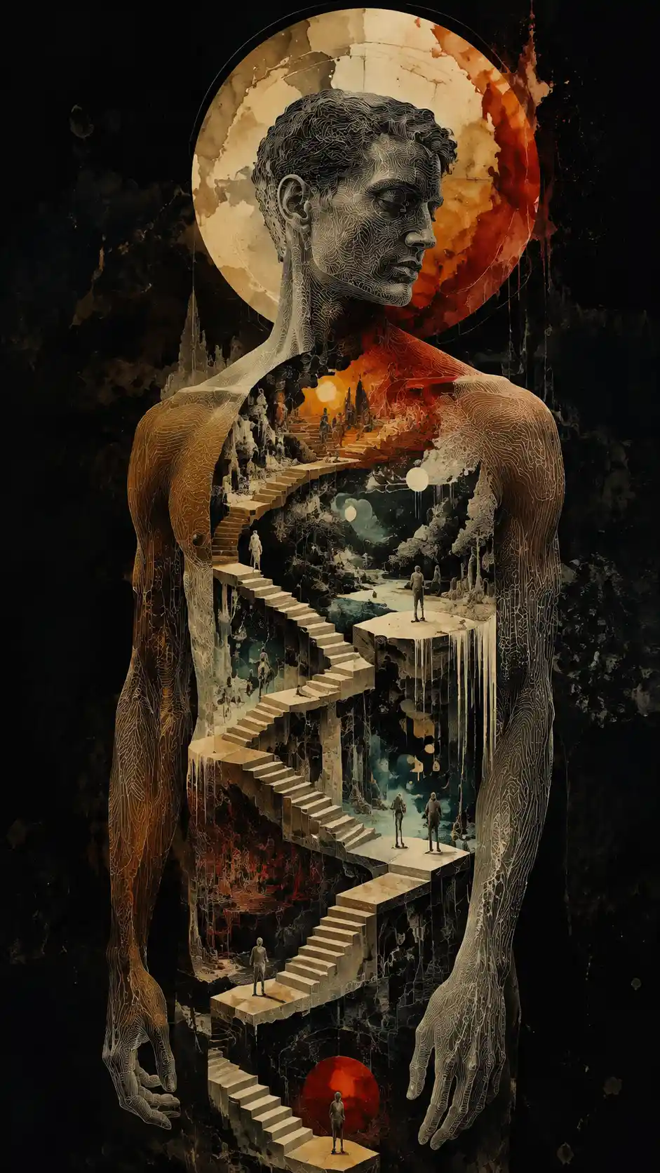 Surreal woman with staircase torso in dark abstract space