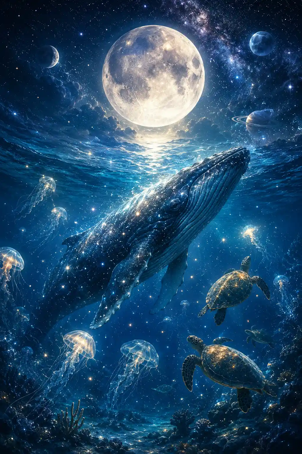 Dreamy Supermoon Sky Blended With Underwater Whale Scene