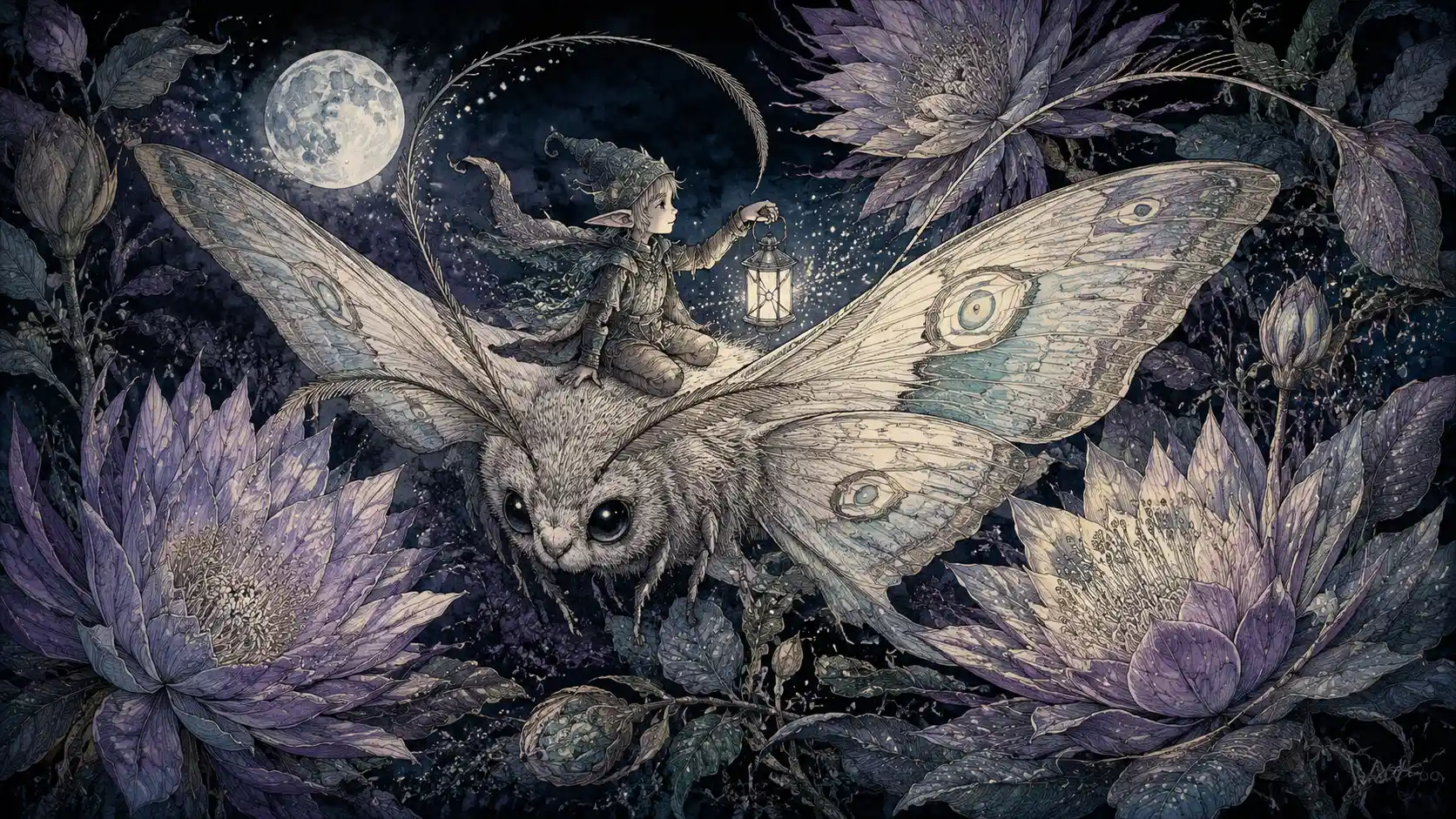 Tiny elf riding a pale moth through moonlit garden