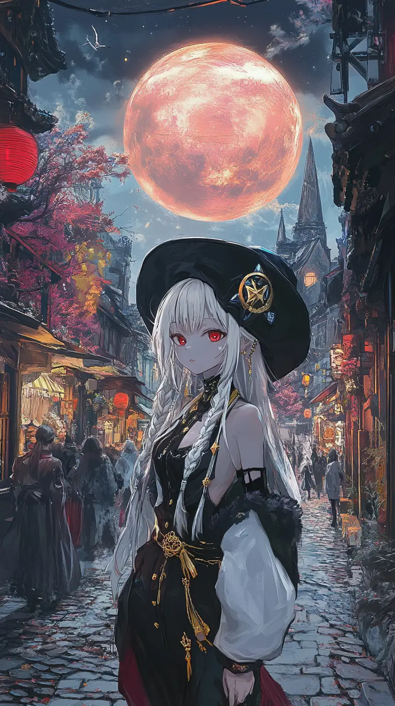 Folla di carnevale fantasy in una strada cittadina al chiaro di luna