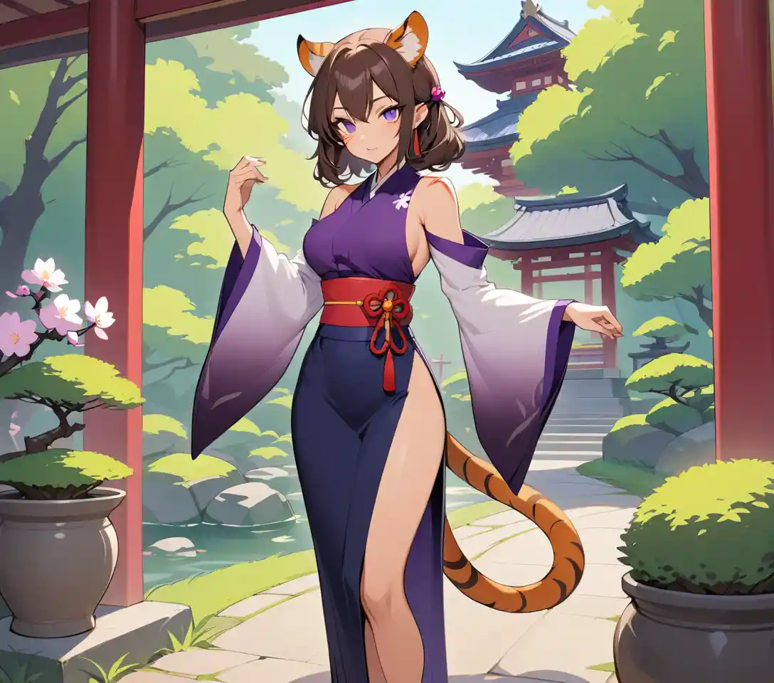 Scarred tigress woman in a serene Japanese garden
