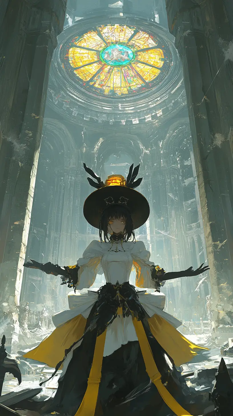 Anime-Mädchen in prunkvollem grünen Outfit mit schwarzem Hut