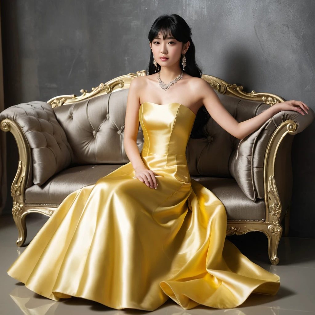 Elegante mulher japonesa em vestido tomara que caia de cetim dourado