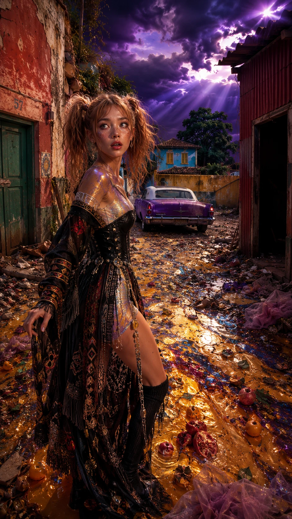 Mulher gótica fashion em beco urbano surreal e decadente