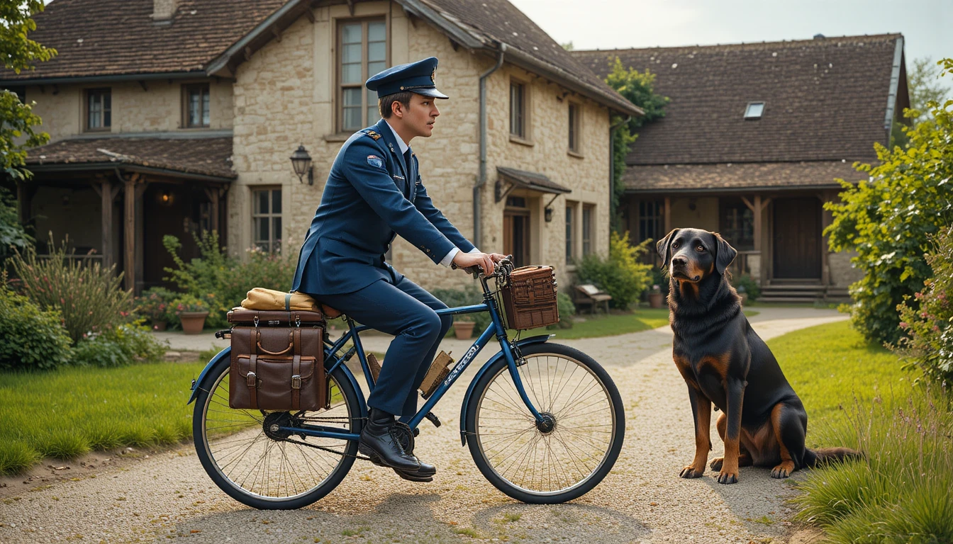 Young mailman on vintage bicycle beside large farm dog