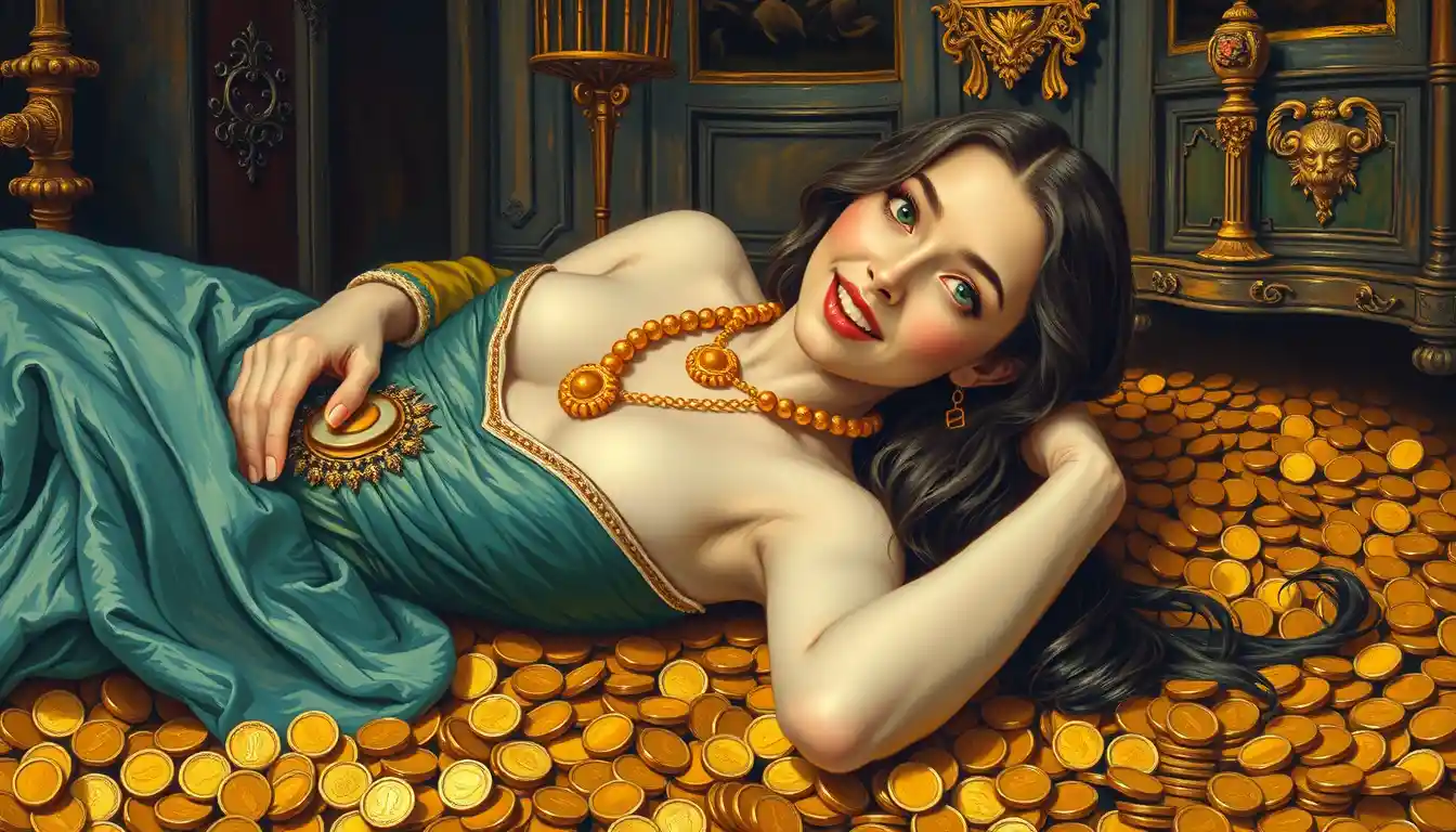 Sensual dark haired woman on golden treasure hoard