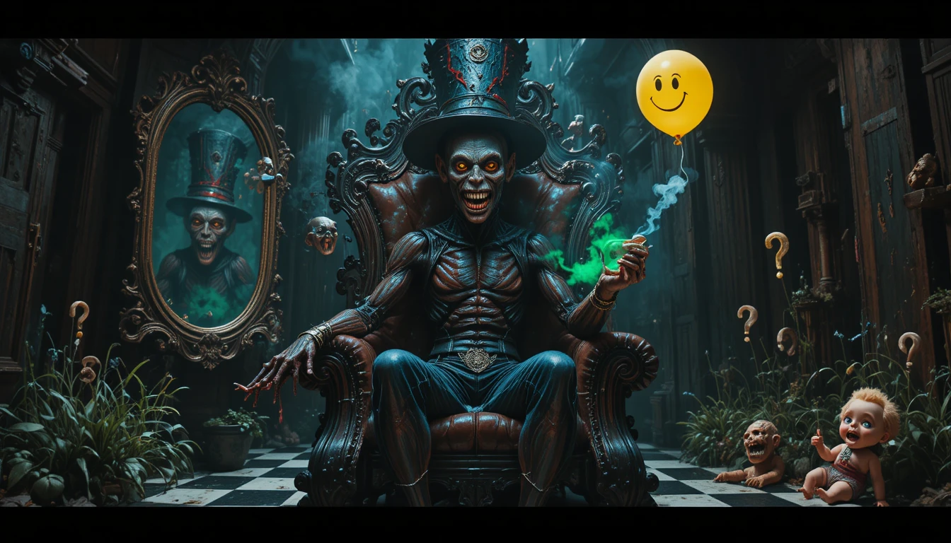 Monstro de festa grotesco em um trono em interior surreal