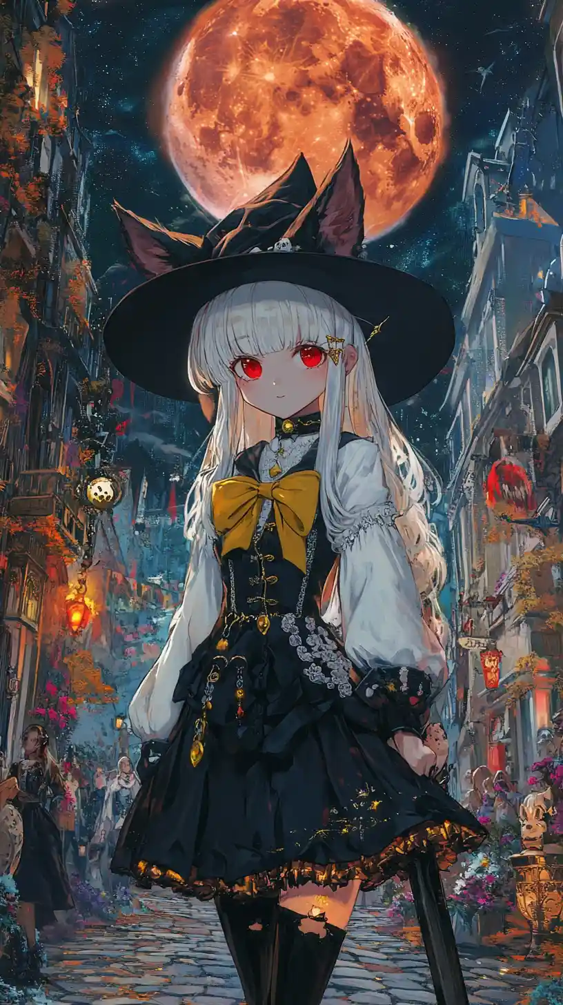 Fantasy city street carnival under a red moon